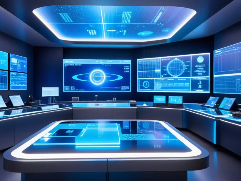 Lab futurista desafía teoría de Einstein Experimentos desafían relatividad en laboratorio futurista con hologramas y científicos, atmósfera azul y ciudad futurista al fondo