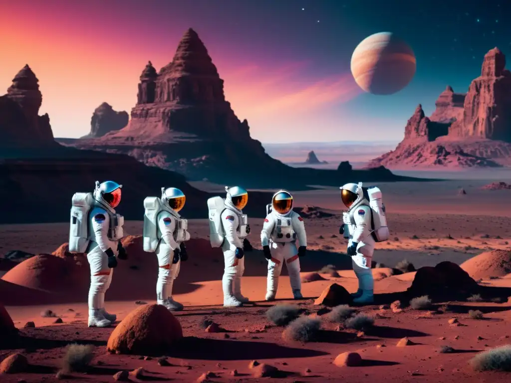 Exploración espacial en un planeta alienígena Exploración de astronautas en un planeta alienígena con paisaje surreal y estructura antigua