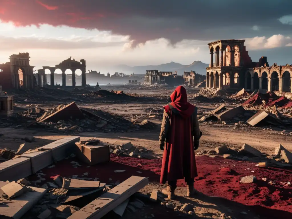 Ruinas de la ciudad: supervivencia entre el caos y la esperanza Exploración de futuros postapocalípticos: Sobrevivientes exploran ruinas entre escombros y cielo rojizo