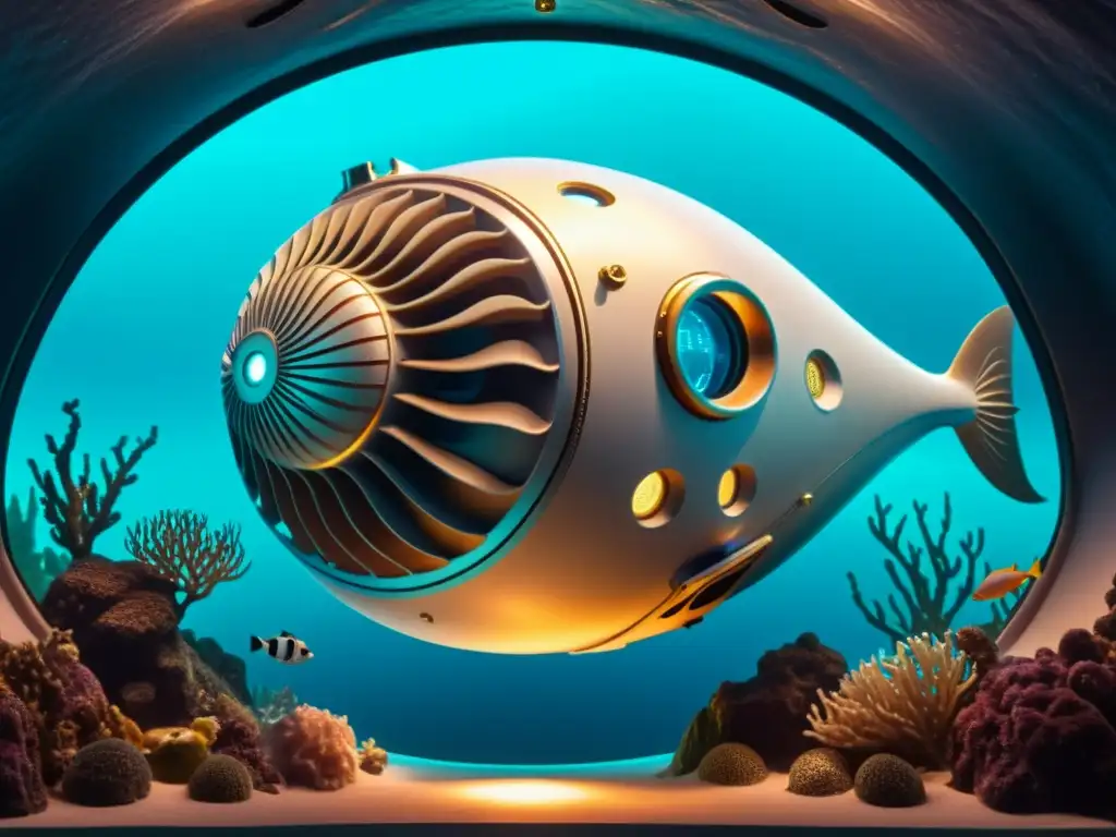 Nautilus: Submarino futurista en 8k Exploración del mundo oculto: El Nautilus de Capitán Nemo surca un océano vibrante, iluminado por vida marina bioluminiscente