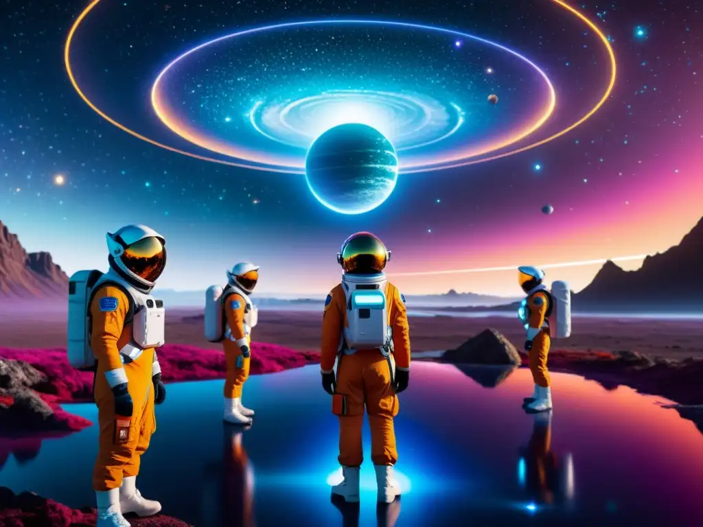 Exploración de Universos Paralelos: Científicos en Futuro Distópico Exploración de significado en universos paralelos: científicos observan portales hacia dimensiones vibrantes y misteriosas