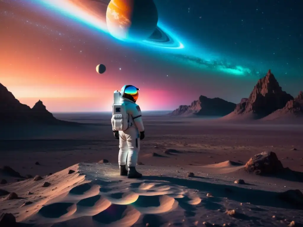 Astronauta entre cristales alienígenas bajo estrellas binarias Explorador espacial observando proyecciones visuales universos paralelos en un paisaje alienígena surrealista