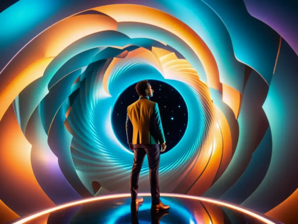 Explorador del espacio frente al deslumbrante agujero de gusano Explorador espaciotiempo frente a la estructura agujeros gusano, con colores vivos y patrones intrincados, envuelto en asombro y determinación