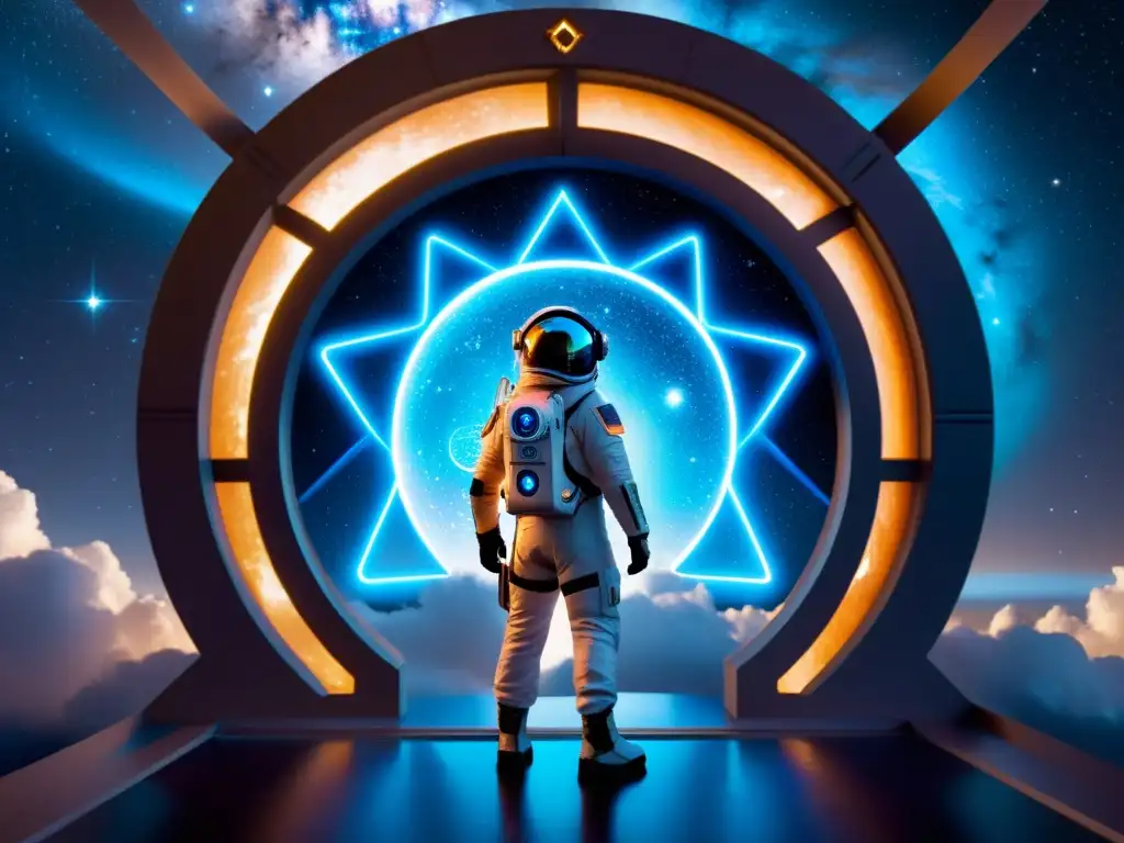 Portal interestelar: el umbral hacia lo desconocido Un explorador frente a un portal brillante en un paisaje alienígena, tecnología portales interdimensionales