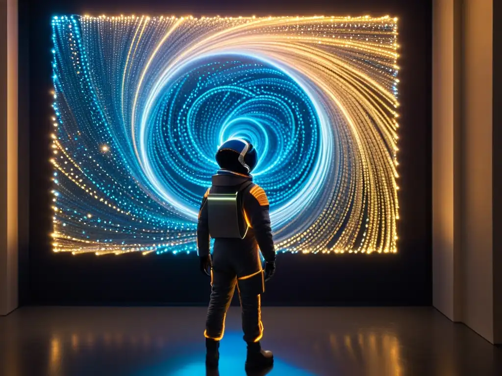 Explorador del multiverso contempla hilos de realidades Un explorador solitario contempla una vasta red de hilos brillantes que representan la Teoría de Mundos Múltiples y Universos Paralelos