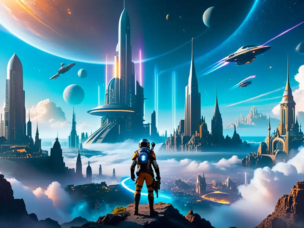 Metrópolis futurista bajo el cosmos Exploradores contemplan asombroso paisaje futurista con viajes interdimensionales en la ciencia ficción