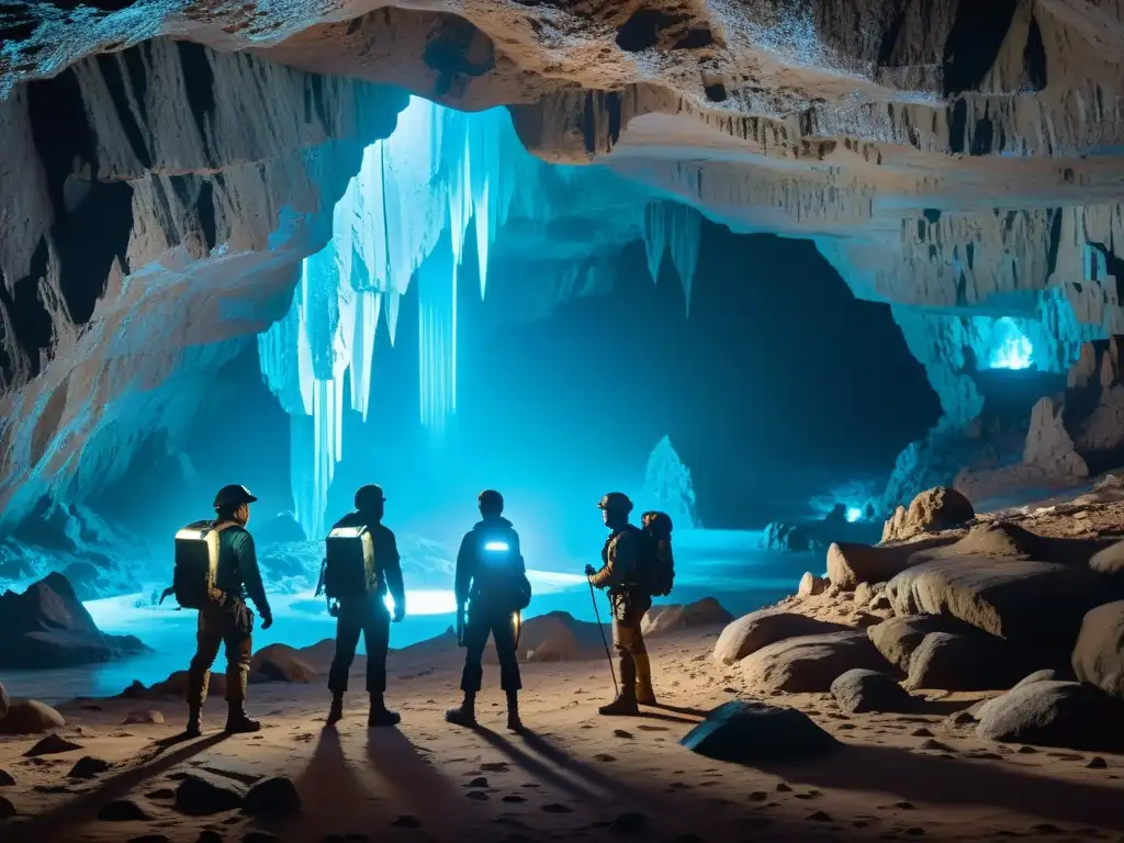 Exploradores en cueva alienígena 8k Exploradores equipados con tecnología avanzada, iluminados por el brillo azul en una cueva alienígena repleta de cristales