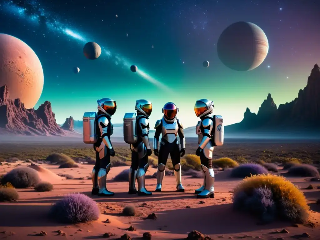 Exploradores espaciales en un planeta alienígena, contemplando galaxias Exploradores espaciales con trajes de tecnología avanzada para explorar el multiverso, observando galaxias en un planeta alienígena