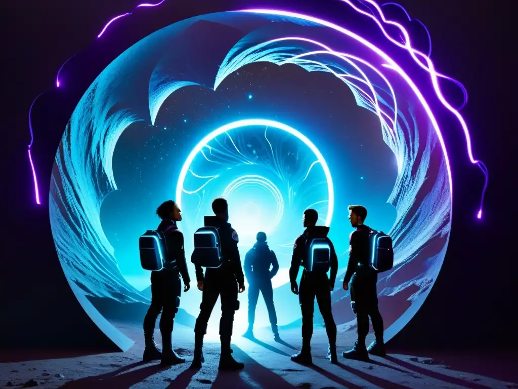 Exploradores en el umbral: Portal interdimensional Intrépidos exploradores frente a un portal interdimensional, con energía misteriosa