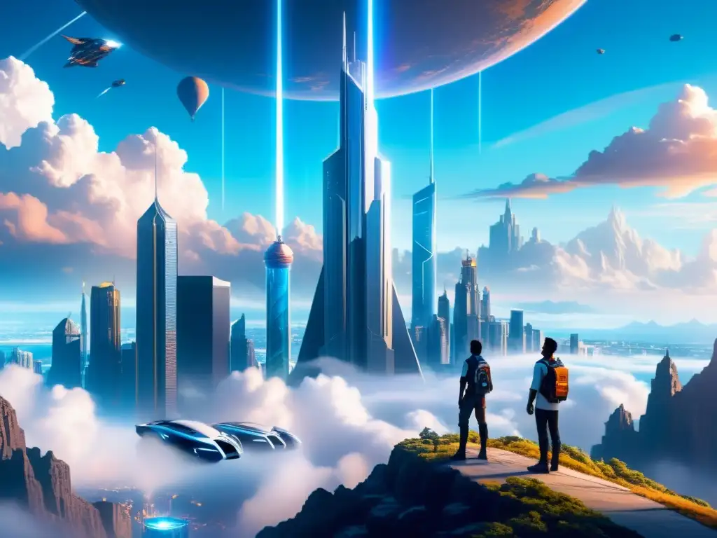 Exploradores maravillados en la ciudad del futuro Exploradores admirando la futurista ciudad con viajes interdimensionales en la ciencia ficción