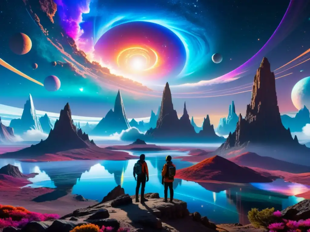 Exploradores del Futuro en Mundo Alienígena Exploradores futuristas recorren un paisaje interdimensional de cristales y flora iridiscente
