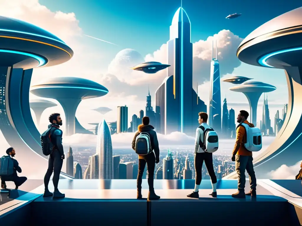 Exploradores del futuro maravillados por la evolución del viaje interdimensional en videojuegos, observando una metrópolis futurista en un universo paralelo