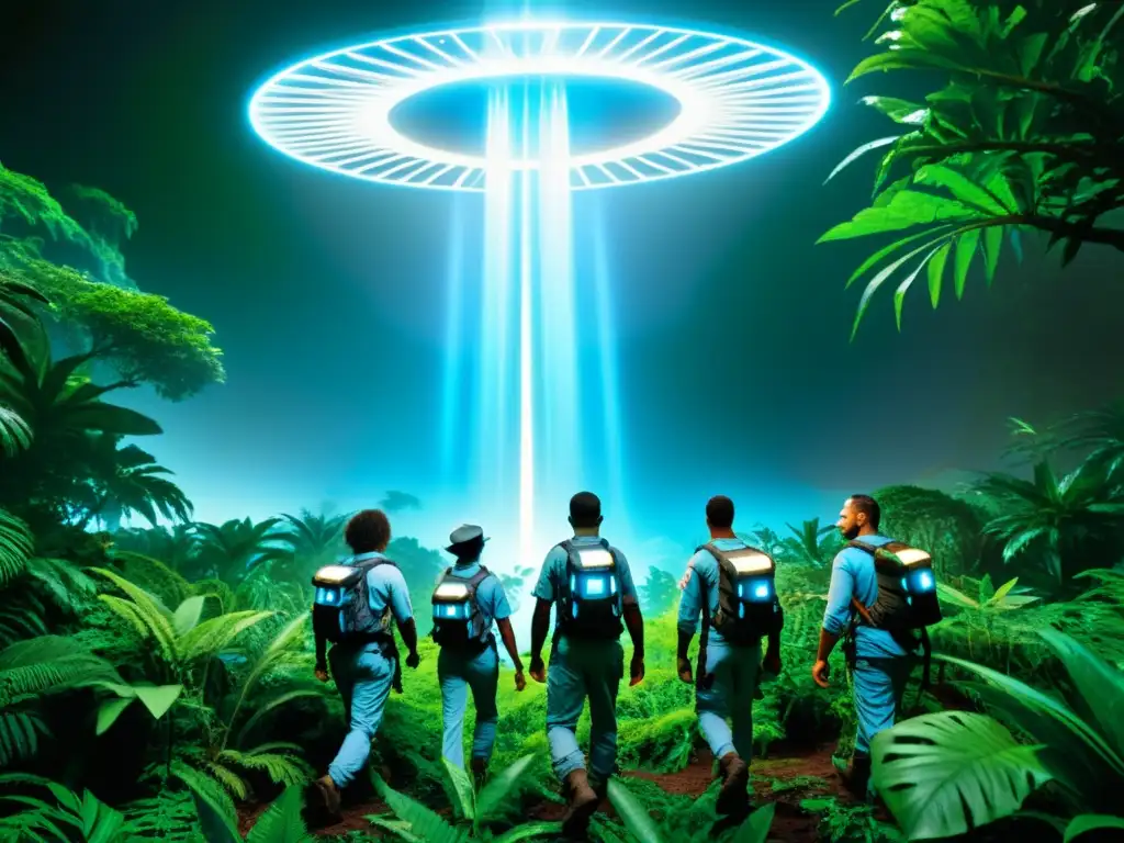 Exploradores en la jungla alienígena con Stargate Exploradores en una jungla alienígena con un Stargate que emite luz azul, evocando la emoción de civilizaciones paralelas en Stargate SG1