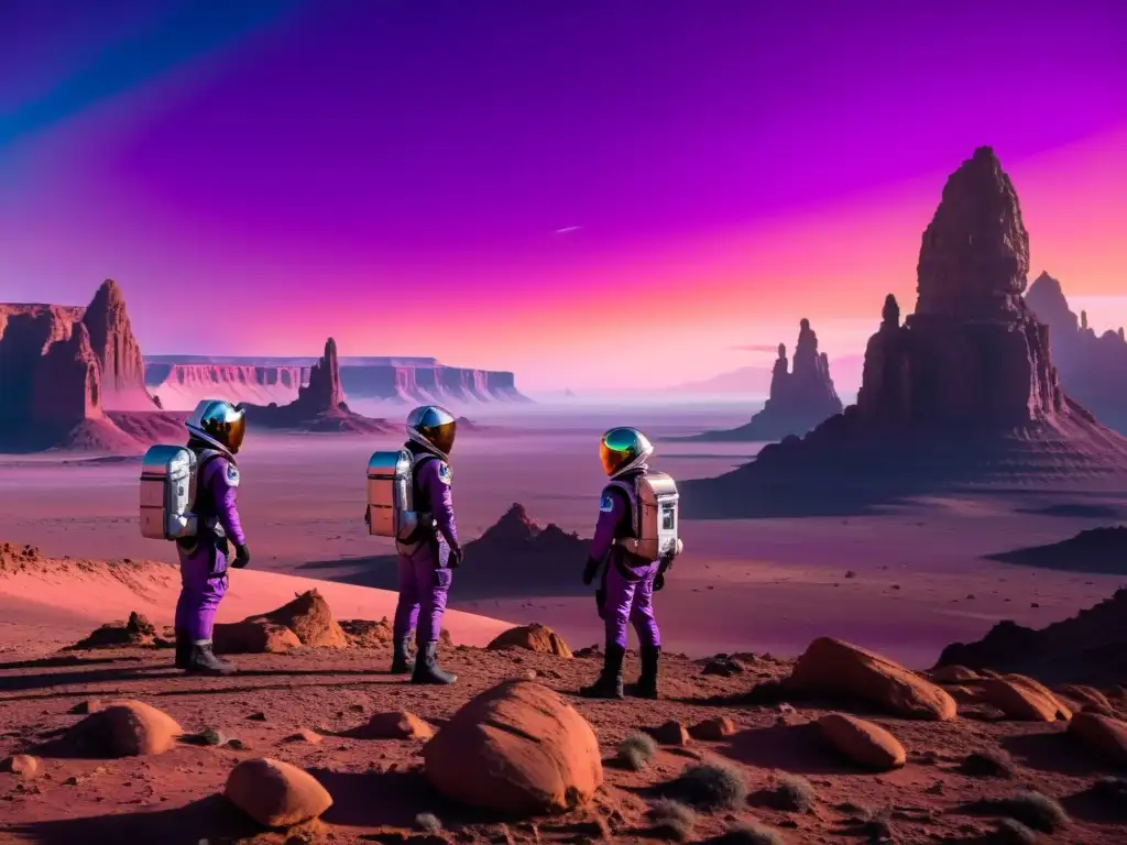 Descubriendo el asombroso mundo interdimensional Exploradores maravillados en un paisaje alienígena, evocando sentimientos encontrados exploración interdimensional