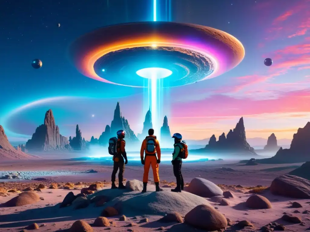 Exploradores en paisaje alienígena con cristales iridiscentes Exploradores en paisaje alienígena con cristales iridiscentes y energía multicolor en el cielo