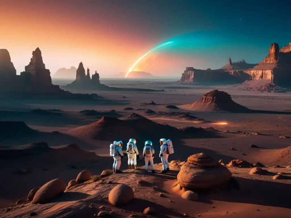Misterioso planeta alienígena: astronautas frente a lo desconocido Exploradores en un planeta alienígena en Solaris, cautivados por su misteriosa belleza y las posibilidades de viajes interdimensionales