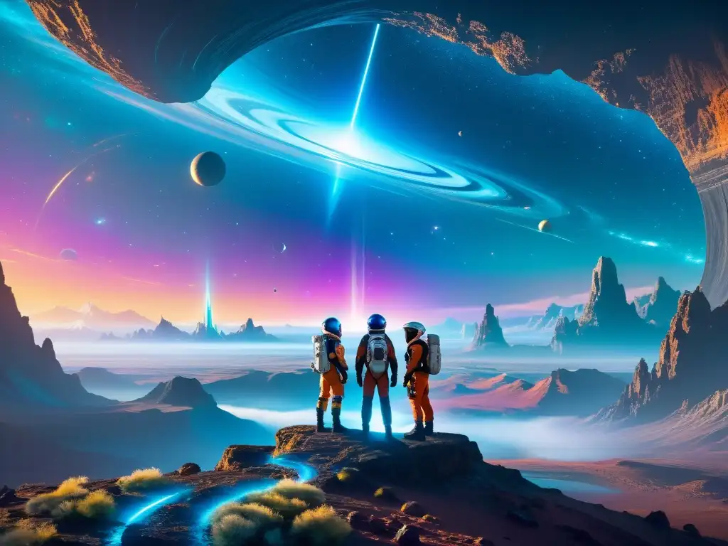 Exploradores ante portal interdimensional Exploradores en trajes espaciales en el borde de un portal multicolor, listos para viajes interdimensionales en la ciencia ficción