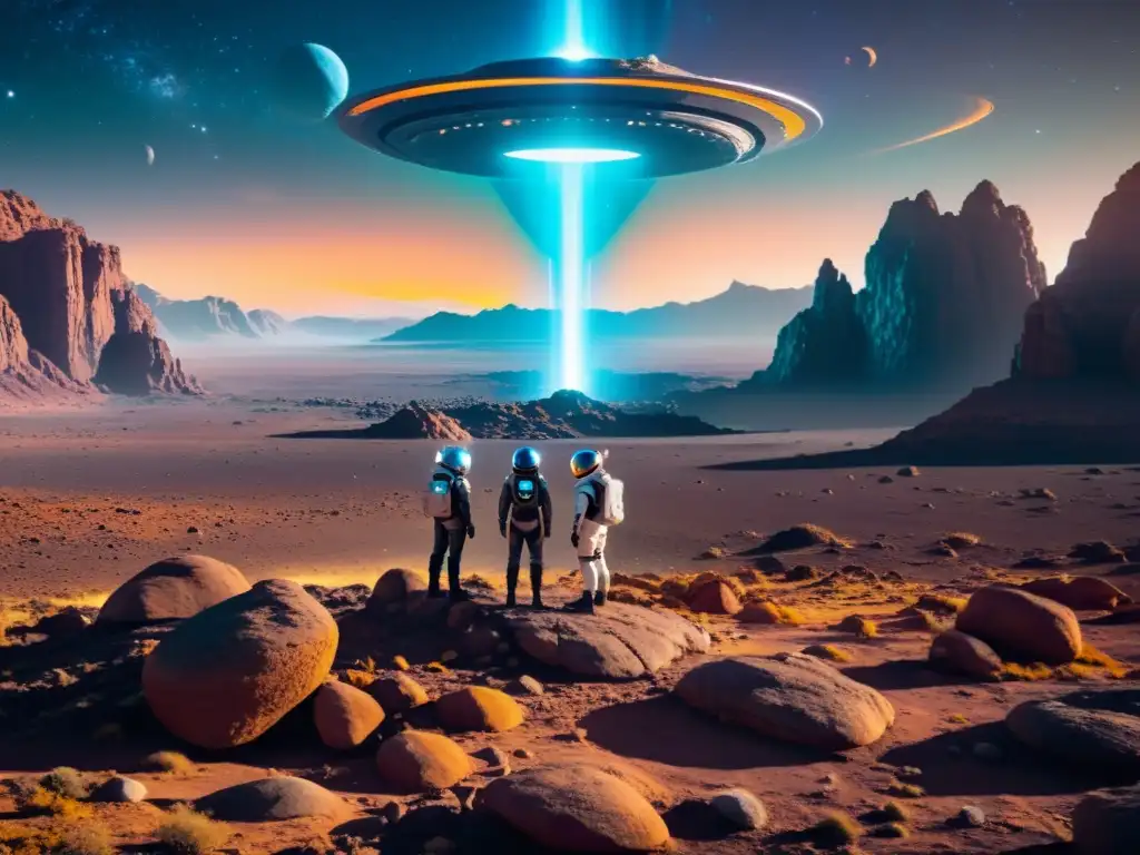 Exploradores en paisaje alienígena con portal brillante Exploradores en trajes espaciales estudian vida alienígena y un portal brillante en un paisaje rocoso