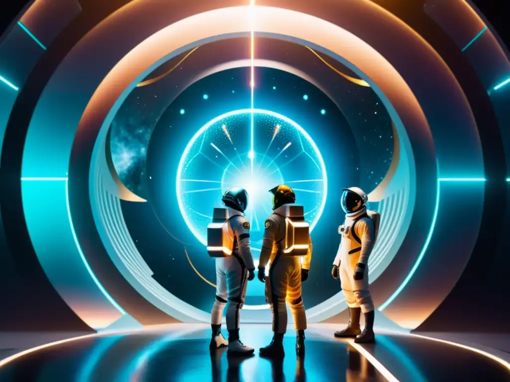 Exploradores frente a portal interdimensional: asombro y determinación Exploradores en trajes futuristas frente a un portal interdimensional, transmitiendo asombro y determinación