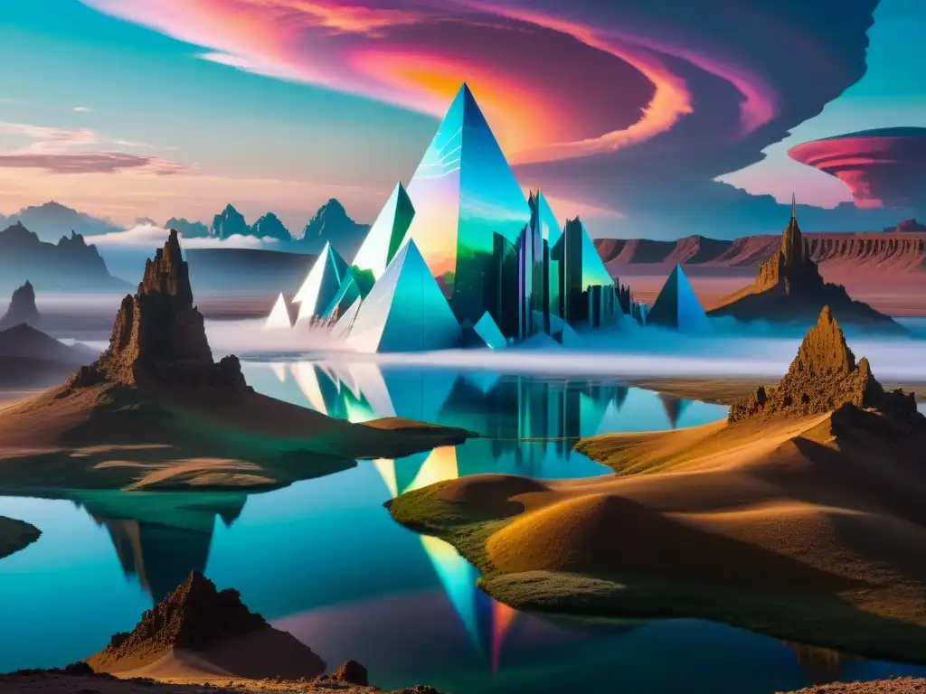 Maravilla cristalina: paisaje surrealista de una ciudad misteriosa Fantástico paisaje con estructuras cristalinas y cielos iridiscentes, evocando la teoría de universos alternativos de Platón
