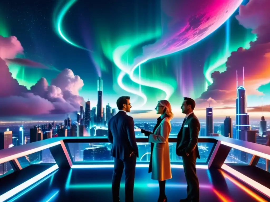 Debate científico en ciudad futurista Un fascinante paisaje urbano futurista con rascacielos imponentes y complejas redes de pasarelas neón