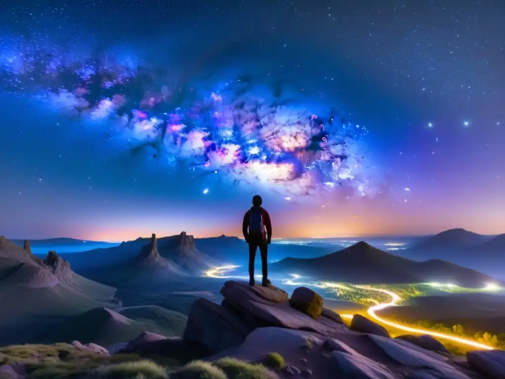 Galaxia infinita: viaje existencial Figura contemplativa en un paisaje galáctico deslumbrante, evocando la visión de Nietzsche sobre realidades múltiples y universos paralelos