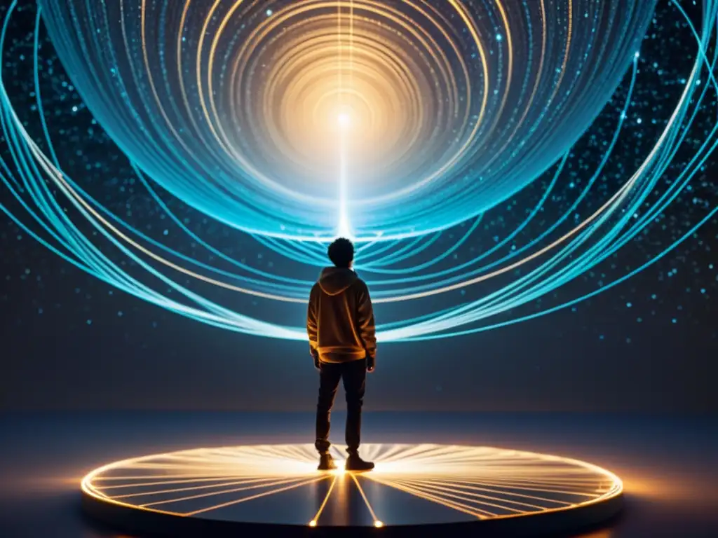Tejido cósmico: universos entrelazados en luz Figura silueteada observa maraña de cuerdas brillantes en universos paralelos, con sensación de asombro y curiosidad