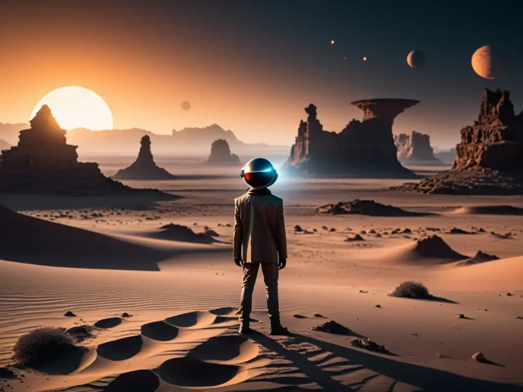 Explorador solitario en paisaje alienígena Figura solitaria en paisaje alienígena con doble sombra, simbolizando la realidad desdoblada literatura de Philip K