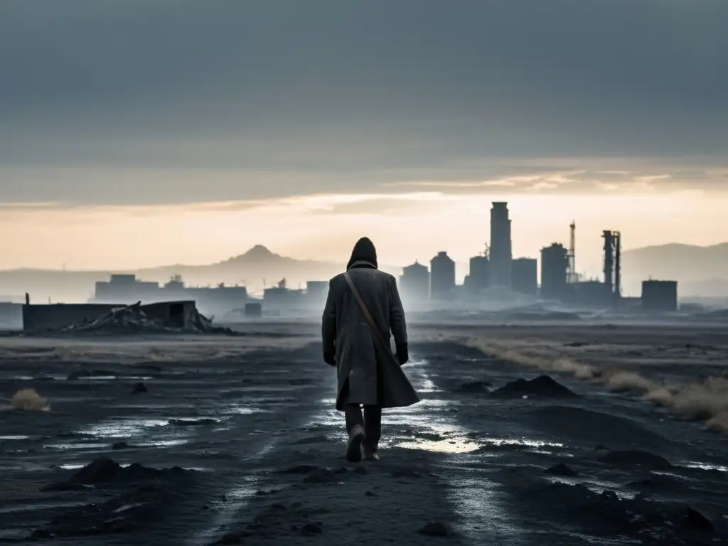 Supervivencia en un mundo postapocalíptico: la lucha solitaria Una figura solitaria avanza en un paisaje desolado y cubierto de cenizas, con la ciudad en ruinas al fondo