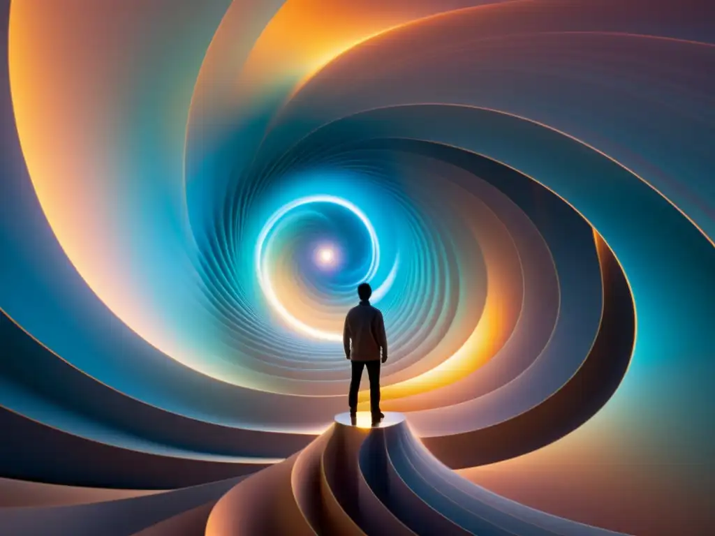 Explorando el Abismo: Portal Interdimensional Una figura solitaria contempla un vortex de luz, reflexionando sobre la Ética en viajes interdimensionales