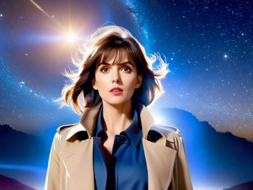 Sarah Jane Smith: Protector del Cosmos Sarah Jane Smith protectora del universo Doctor Who, firme frente al vórtice de estrellas, con la TARDIS materializándose