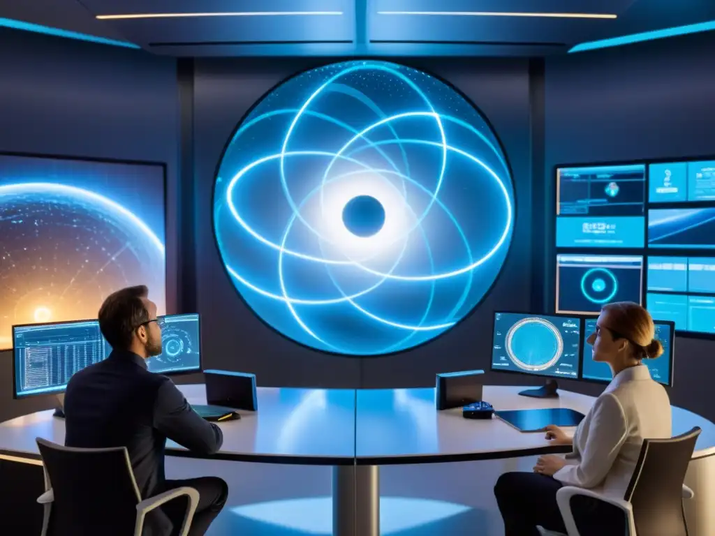 Portal de Dimensiones: Físicos Analizan Colisiones en Hightech Lab Físicos en laboratorio de alta tecnología discuten datos de colisiones de partículas, con un portal brillante en el centro