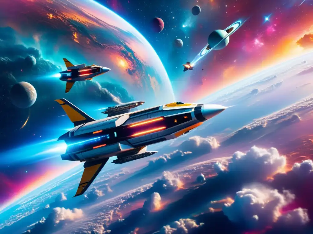 Flota de naves espaciales futuristas explorando nebulosas Flota de naves espaciales futuristas surcando nebulosas coloridas en galaxia distante, estrategias conquista multiverso civilization beyond earth