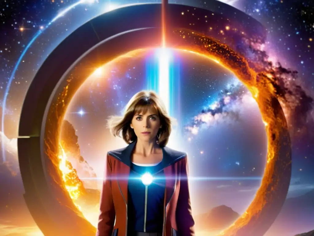 Guardiana del Universo: Sarah Jane ante el portal interdimensional Sarah Jane Smith frente a un portal interdimensional, reflejando determinación como protectora del universo en 'Doctor Who'