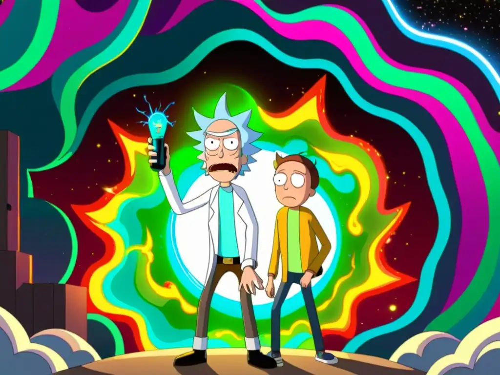 Rick y Morty frente a un portal dimensional Rick y Morty frente a un portal multicolor con chispas de electricidad