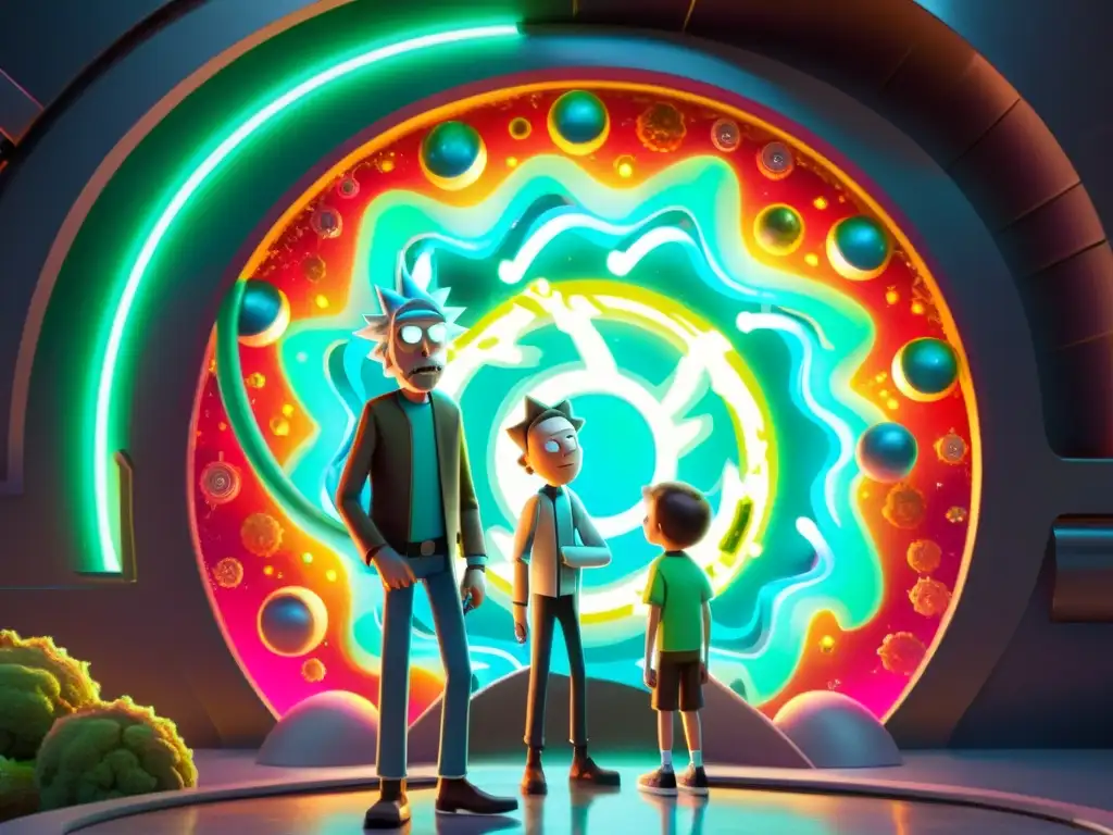 Rick y Morty frente a un portal multicolor con energía Rick y Morty frente a un portal multicolor, con energía centelleante
