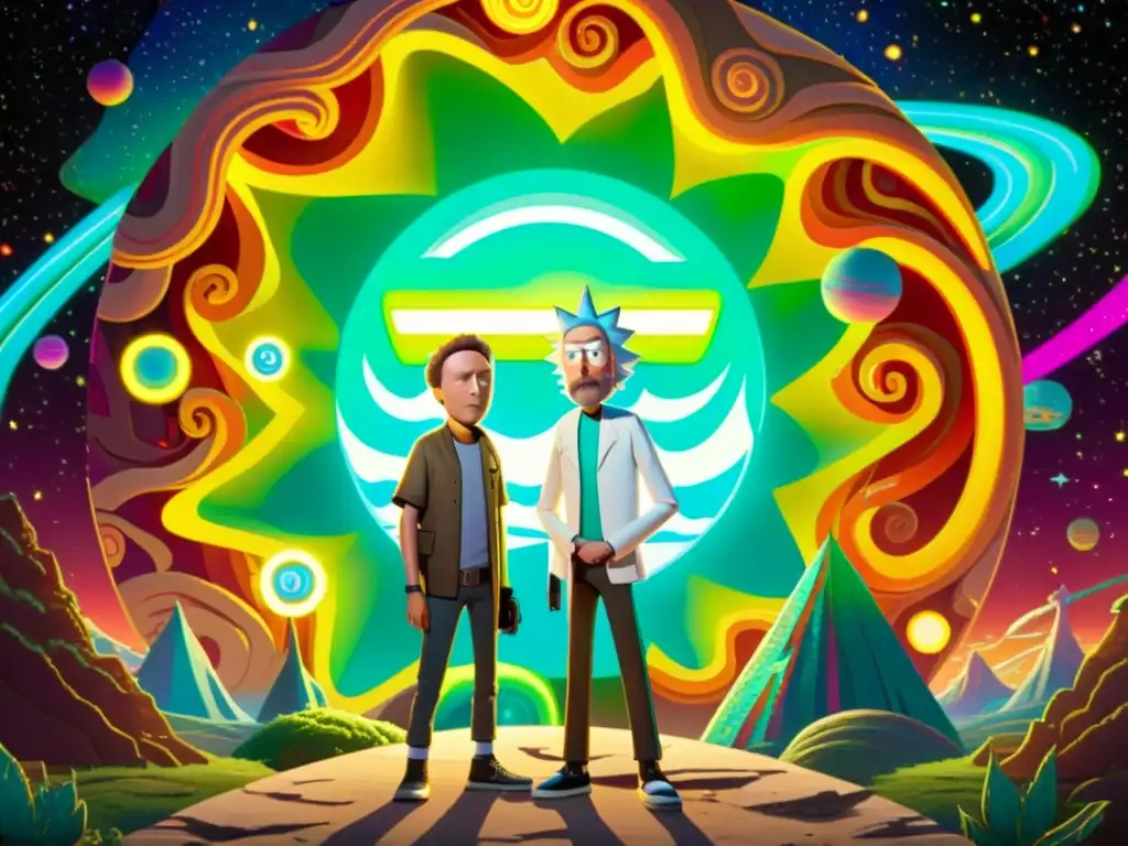 Viaje interdimensional de Rick y Morty: detallada imagen en alta resolución Rick y Morty frente a un portal con patrones brillantes y símbolos, listos para viajes interdimensionales en Rick and Morty