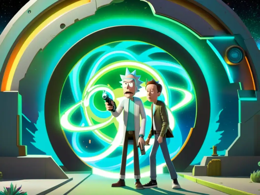 Rick y Morty: Aventura Dimensional Rick y Morty se paran frente a un portal vibrante con dimensiones coloridas en un mundo alienígena, creando una atmósfera de aventura multidimensional