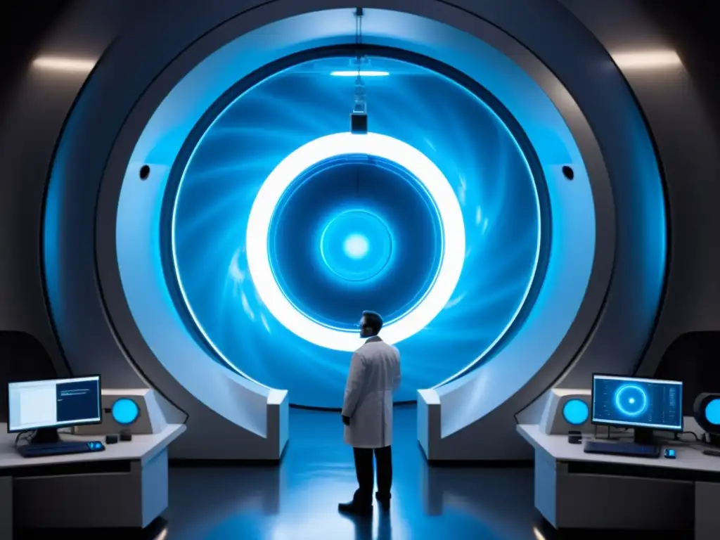 Portal dimensional deslumbra a científicos Porta futurista plateado y azul en laboratorio tenue, científicos observan con asombro y temor