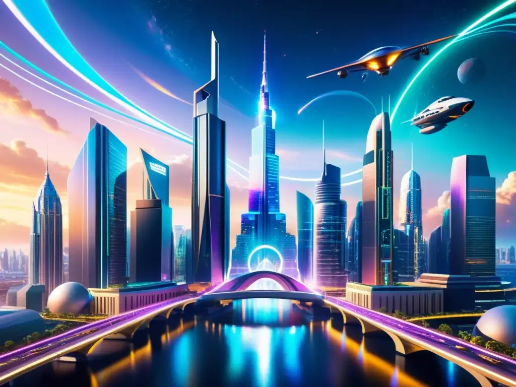 Metrópolis futurista: la convergencia de realidades Metrópolis futurista con rascacielos interconectados por puentes luminosos