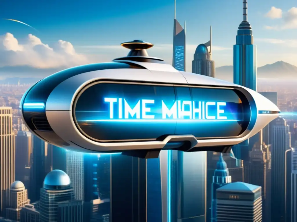Viaje en el tiempo: Futuro en la ciudad Un futuro emocionante con una máquina del tiempo rodeada de personas vestidas de diferentes épocas, integradas en una ciudad futurista