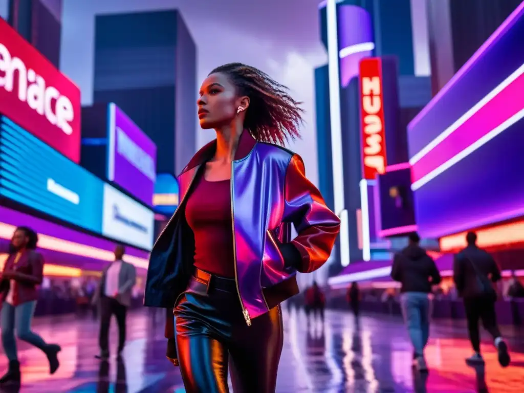 Corre Lola, corre: Futurista ciudad en movimiento Un futuro de ciencia ficción con rascacielos, luces de neón y un corredor desafiando la gravedad