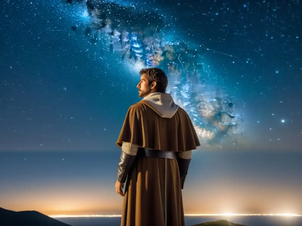 Giordano Bruno contempla el cosmos en 8K Giordano Bruno contempla el universo infinito bajo un cielo estrellado, evocando misterio y exploración cósmica