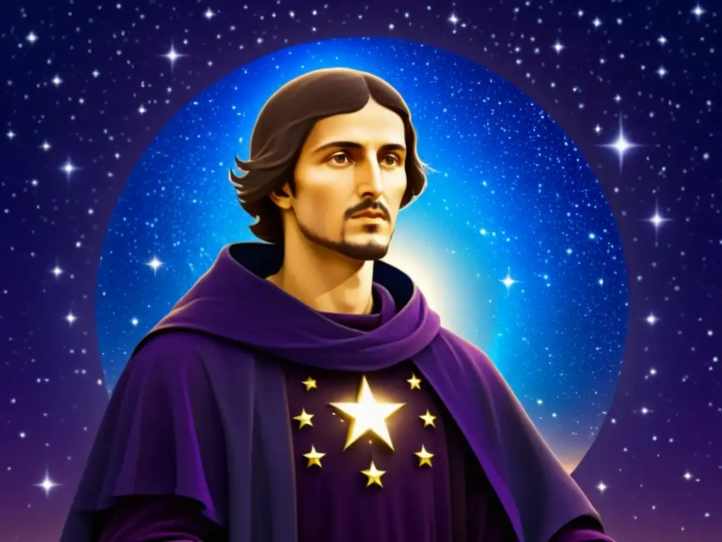 Visión Cósmica: Giordano Bruno Contempla el Universo Infinito Giordano Bruno contempla el universo infinito en un remolino de estrellas y colores vibrantes