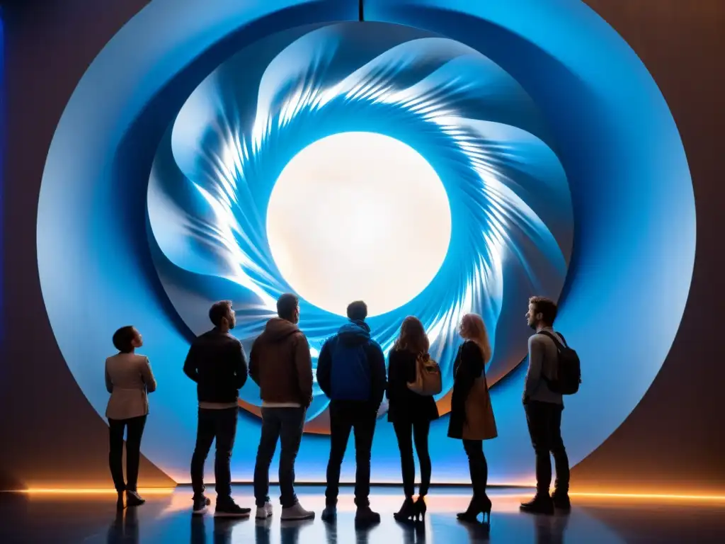 Portal eléctrico azul despierta asombro Un grupo observa asombrado un portal azul eléctrico, con energía chispeante y distorsión espacial