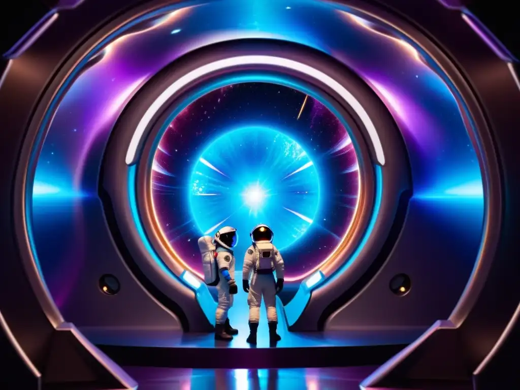 Astronautas en el borde del wormhole cósmico Grupo de astronautas frente a un agujero de gusano, reflejando exploración interdimensional agujeros gusano en sus trajes espaciales futuristas