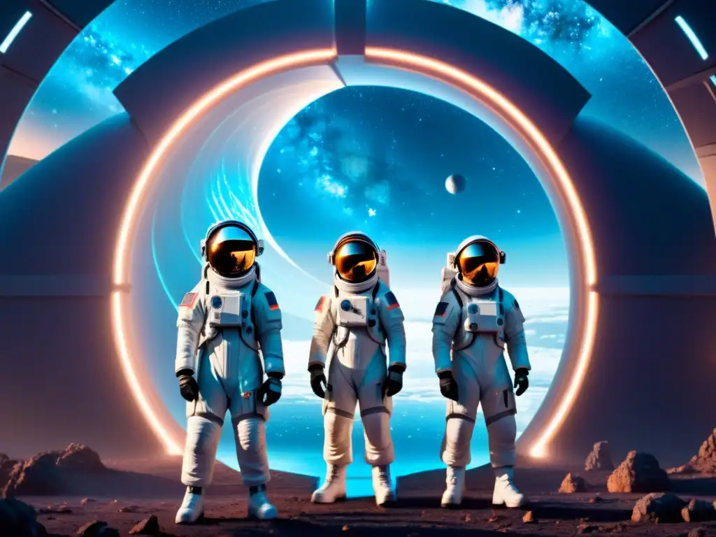 Exploradores espaciales frente al portal dimensional Grupo de astronautas frente a un portal brillante, rodeados de galaxias y estrellas