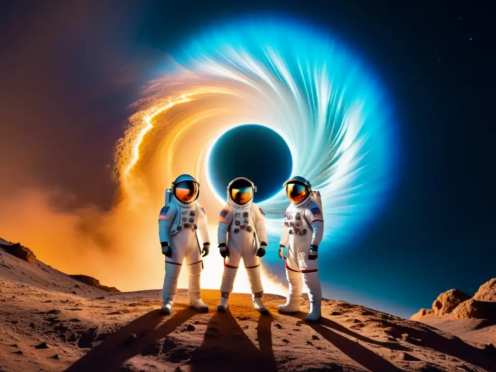 Astronautas frente al misterioso agujero de gusano Grupo de astronautas listos para la exploración interdimensional de un agujero de gusano, bañados en luz iridiscente