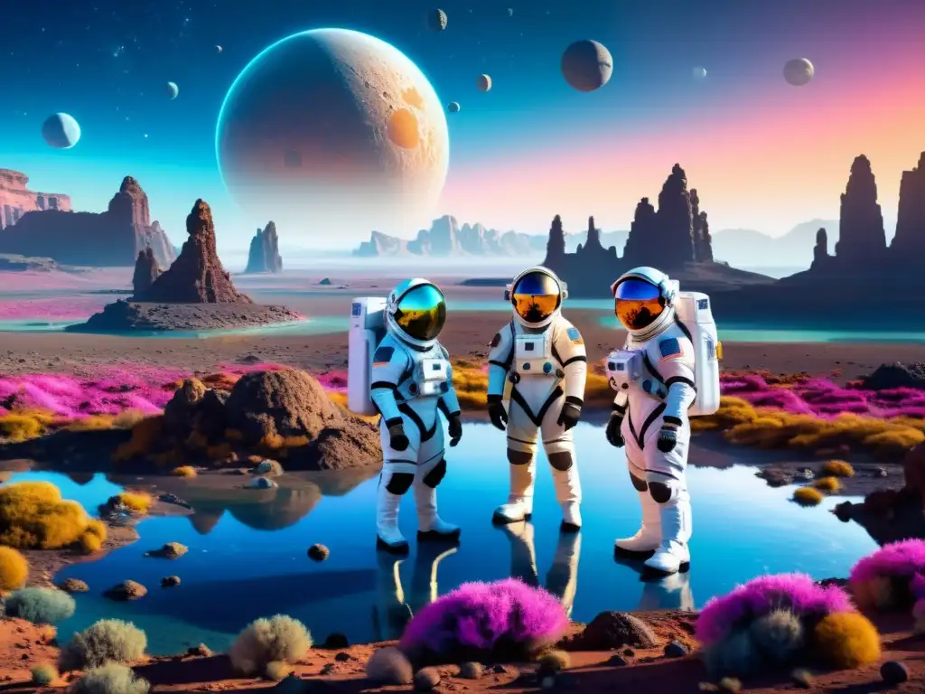 Exploración interdimensional en planeta alienígena Grupo de astronautas explorando un planeta alienígena con tecnología avanzada y flora bioluminiscente