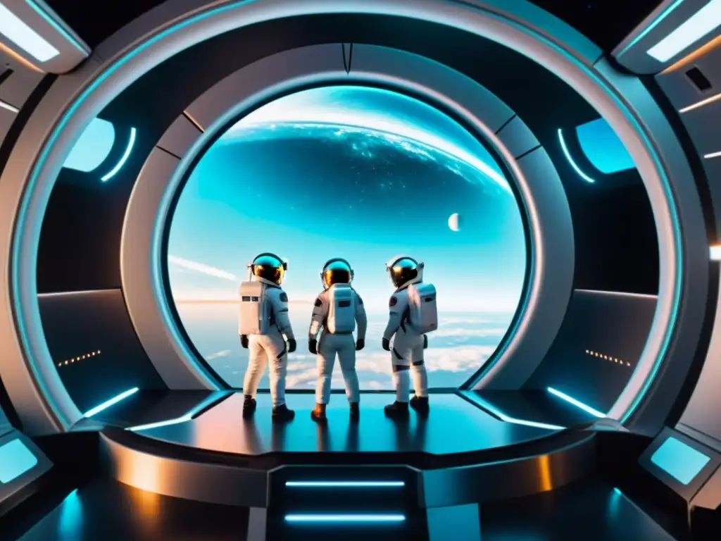 Exploradores del multiverso en nave espacial futurista Grupo de astronautas con trajes espaciales de tecnología avanzada frente a nave espacial y portal dimensional, explorando el multiverso